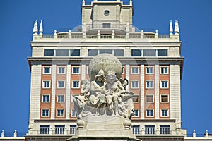 Detail of Cervantes monument on 'Plaza de espana' square, Madrid