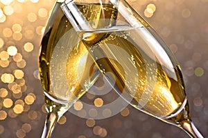 Detail of a champagne flutes with golden bubbles on light bokeh background