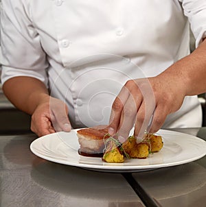 Detail of Chef Decorating Traditional Peruvian Meal Called Chicharron de Panceta de Cerdo photo