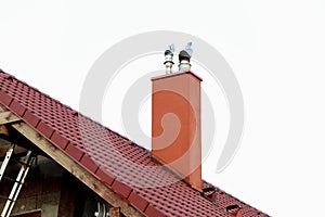 Detail of a chimney on a red classic saddle tile roof separated on a white background. Chimney with two steel pipes. Roof and
