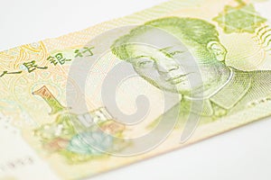 Detail of the Chinese 1 yuan money bill. Chairman Mao Mao Zedong portrait 1 Chinese paper currency Yuan renminbi bill