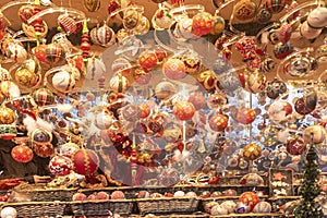 Detail of Christmas balls in a Christmas market stall in Vienna