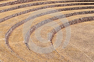 Detail of the circular Inca terraces at the archaeological site of Moray in the Sacred Valley, Peru