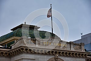 Detail of the city library cupola and green roof tiles in downtown Wichita kansas