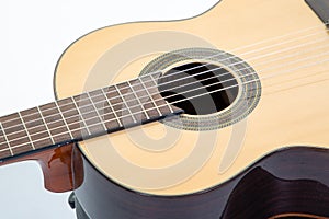 Detail of classic wood guitar strings acoustic