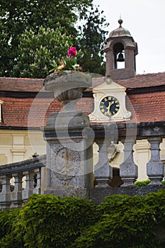 Detail of a clock and a tower in Buchlovice Castle