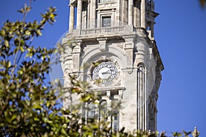 Detail of the clock tower in the city hall of Porto. City center of Porto in Portugal