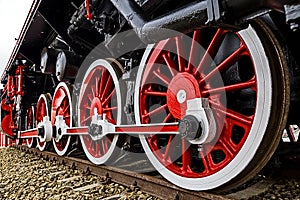 Detail and close up of huge wheels at one old german steam locomotive