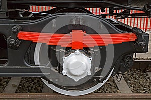 Detail and close up of huge wheels at one old german steam locomotive