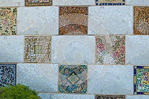 Detail closeup of mosaic in Park Guell, Barcelona, Spain