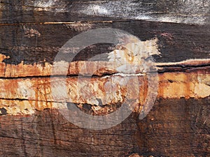 Detail and closeup of old and colored boat wooden hull, old painting with cracks and wood texture