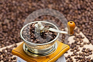 detail of coffee mill with coffee beans