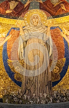 Detail of religious mosaic of young Virgin Mary