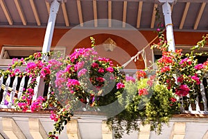 Detail of a colonial house. balcony with flowers