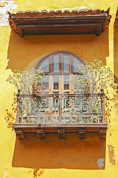 Detail of a colonial house. balcony with flowers. Cartagena de I