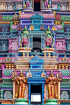 Detail colorful architecture of Goddess Kanakadurga temple in Vijayawada city, India