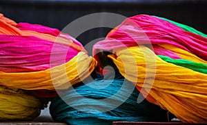 Detail of colorful turbans for sale in a jaisalmer shop