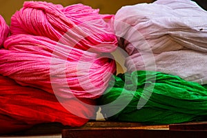 Detail of colorful turbans for sale in a jaisalmer shop photo