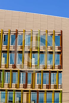 Detail of colorful windows in a modern architecture building.