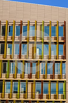 Detail of colorful windows in a modern architecture building.