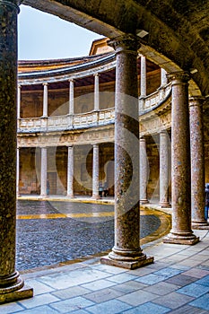 Detail of a column of a courtyard at the Palace of Charles V (Palacio de Carlos V) in Alhambra in Granada, Spain