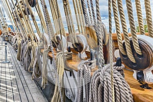 Detail of the cordage of a sailing ship, London, Uk