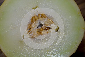 The detail of the core of the cantaloupe melon fruit with seeds