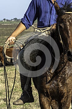 Detail of a cowboy with the lasso in his hand. this worker from the south of brazil