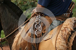 Detail of cowboy outfit mounted on horse saddle