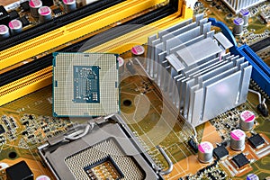 Detail of CPU on a PC Motherboard. High tech technology background