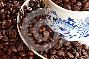 Detail of cup of coffee and pile of coffee beans