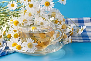 Detail of cup of herbal tea and chamomile.