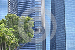 Detail of the curtain walls of the skyscrapers in Marina Bay Sands, an integrated resort fronting Marina Bay in Singapore