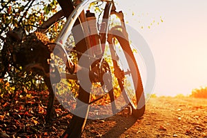 Detail of cyclist man feet riding mountain bike on outdoor