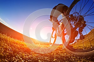 Detail of cyclist man feet riding mountain bike on outdoor trail in sunny meadow