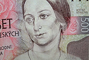 Detail of czech crowns five hundred banknote with Bozena Nemcova, famous czech writer portrait