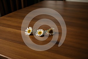 Detail of a daisy chain lying on a wooden table