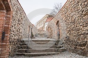 Detail of the defence system with a large watchtower and in the castle wall with embrasures of the fortress Feste Oberhaus near th