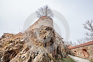 Detail of the defence system with a large watchtower and in the castle wall with embrasures of the fortress Feste Oberhaus near th