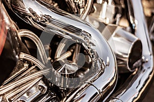 Detail of the details of a motorcycle engine. Selective focus.