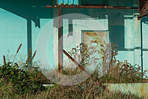 Detail of door overgrown with weeds at abandoned factory near Ne