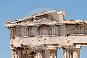 Detail of Doric style columns and frieze. Classical greek architecture, from Acropolis in Athens