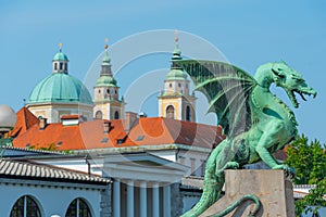 Detail of Dragon bridge in the historical center of Slovenian ca