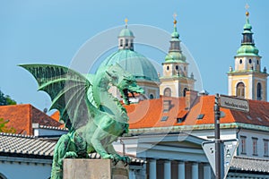 Detail of Dragon bridge in the historical center of Slovenian ca