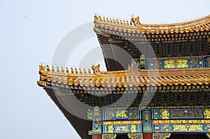 Detail with dragon sculptures and embellished paintings, of the roof on the hall of Supreme Harmony in the Forbidden City, Beijing