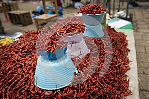 Detail of dried red chili peppers in a market stall at the town of San Juan Chamula