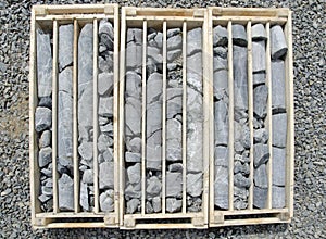 Detail of drill core in the boxes ready for logging