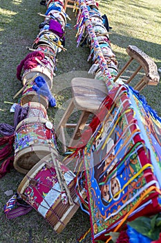 Detail of the drums, percussion instruments, with colorful decoration used on Congadas, an Afro-Brazilian cultural and religious