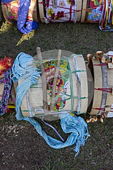 Detail of the drums, percussion instruments, with colorful decoration used on Congadas, an Afro-Brazilian cultural and religious