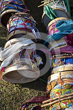 Detail of the drums, percussion instruments, with colorful decoration used on Congadas, an Afro-Brazilian cultural and religious